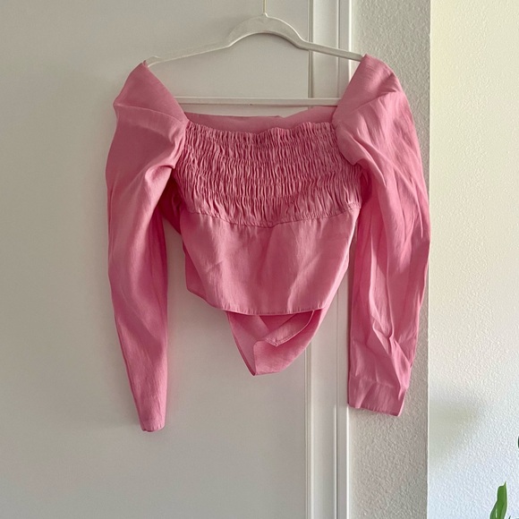 TOPSHOP Off the Shoulder Pink Long Sleeve Ruched Blouse Flirty Girly Top Blouse - Picture 4 of 12